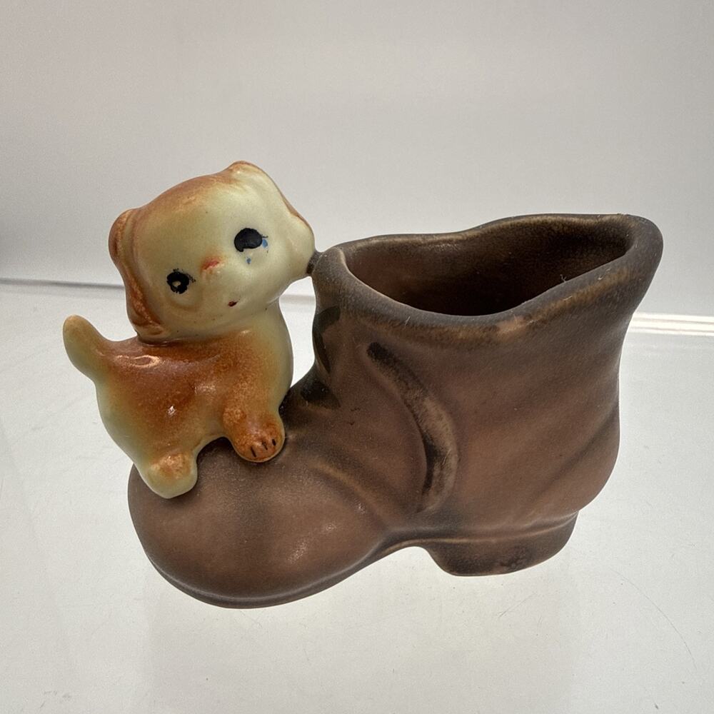 Vintage Enesco Dog Puppy On Boot Toothpick Holder Ceramic Enesco JAPAN